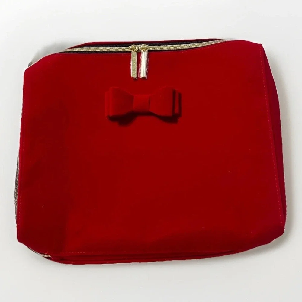 Estee Lauder Red Velvet Bow Cosmetic Bag‎ Travel Makeup Case Gold Zipper New